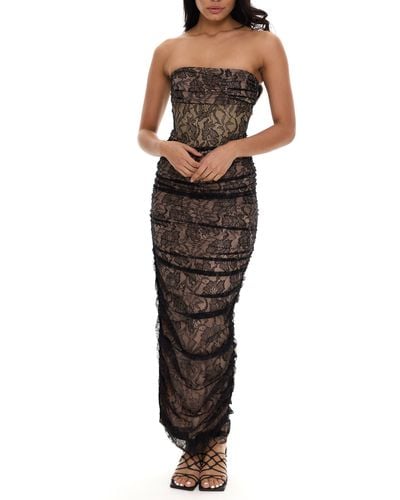 Rare London Ruched Lace Strapless Corset Gown - Black
