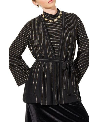 Ming Wang Belted Shimmer Stripe Jacket - Black