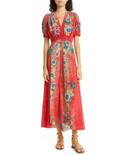 Saloni Lea Print Silk Maxi Dress - Red
