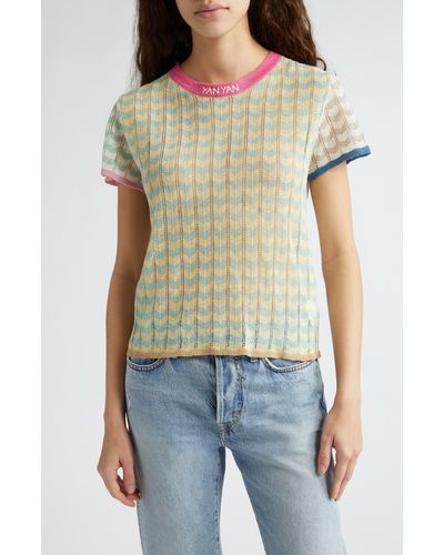 YANYAN Tong Chevron Stripe Pointelle Stitch T-shirt - Multicolor