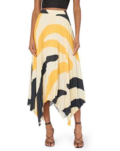 MILLY Abstract Zebra Stripe Pleated Handkerchief Hem Skirt - Yellow