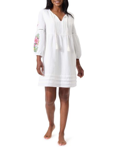 Tommy Bahama Flora Embroidered Long Sleeve Linen Blend Cover-up Dress - White