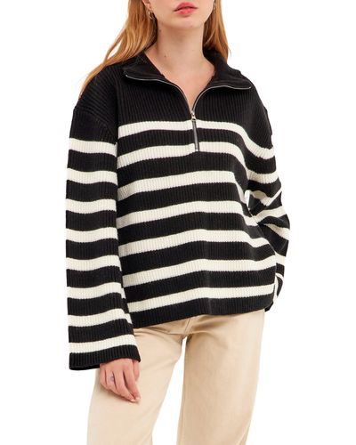 English Factory Stripe Half-zip Sweater - Black