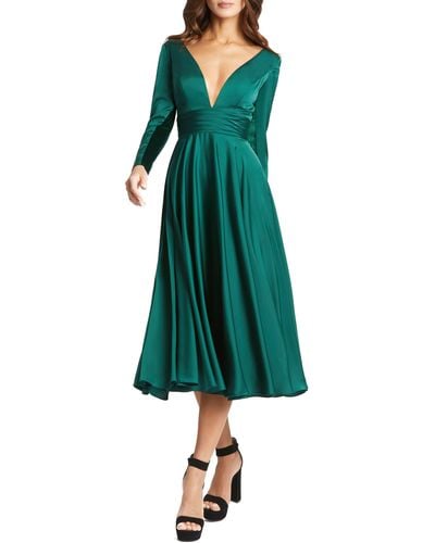 Mac Duggal Long Sleeve Plunge Neck Cocktail Midi Dress - Green