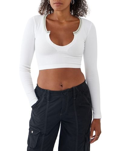 BDG Going For Gold Long Sleeve Rib Crop Top - White