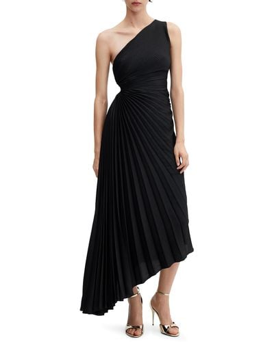Mango One-shoulder Side Cutout Pleated Midi Dress - Black