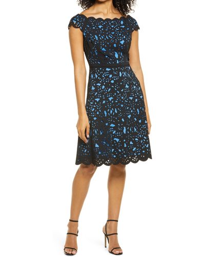 Shani Laser Cut Floral Off The Shoulder Fit & Flare Cocktail Dress - Blue