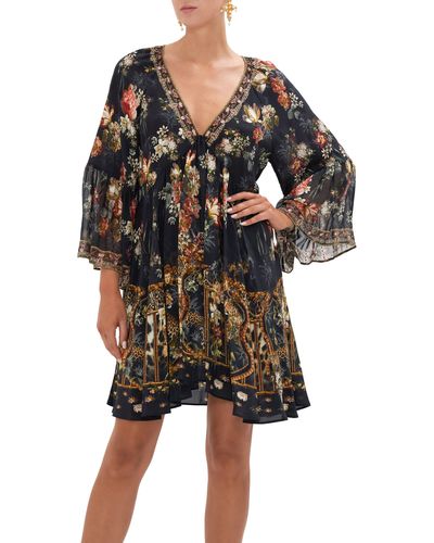 Camilla Floral Long Sleeve Silk Babydoll Dress At Nordstrom - Black