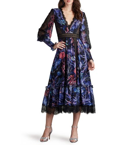 Tadashi Shoji Print Lace Trim Long Sleeve Midi Dress - Blue