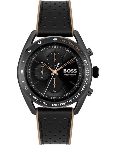 BOSS Black-plated Chronograph Watch With Perforated Leather Strap