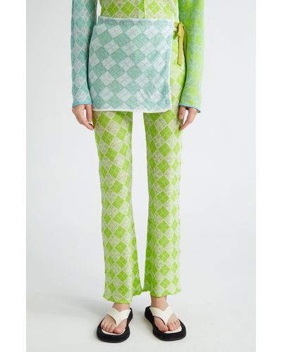 YANYAN Easy Beach Argyle Linen Knit Pants With Apron - Green
