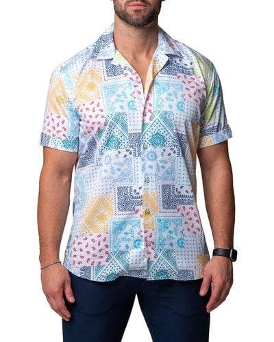 Maceoo Galileo Scarf Short Sleeve Contemporary Fit Button-up Shirt At Nordstrom - Blue
