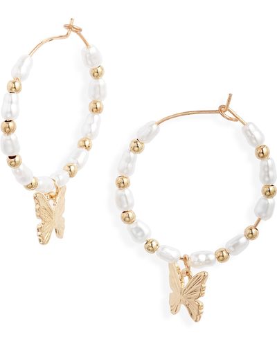 BP. Imitation Pearl Butterfly Hoop Earrings - White