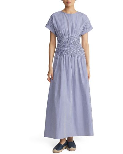 Lafayette 148 New York Smocked Waist Stripe Cotton Poplin Maxi Dress - Purple