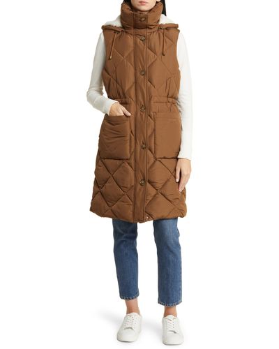Lucky Brand Oversize Longline Puffer Vest With Removable Faux Shearling Lined Hood - Natural