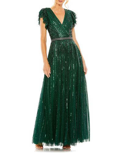 Mac Duggal Beaded Cap Sleeve Tulle A-line Gown - Green