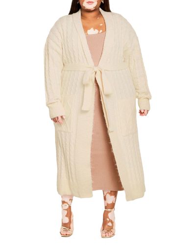 City Chic Kelsey Belted Cable Stitch Longline Cardigan - Natural