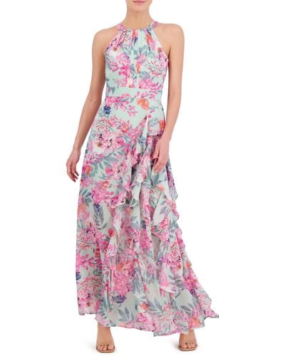 Eliza J Floral Print Asymmetric Ruffle Sleeveless Maxi Dress - Pink