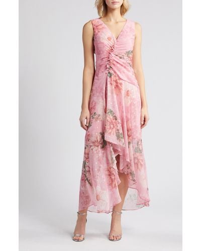 Eliza J Floral Ruched Clip Dot Chiffon Cocktail Dress - Pink
