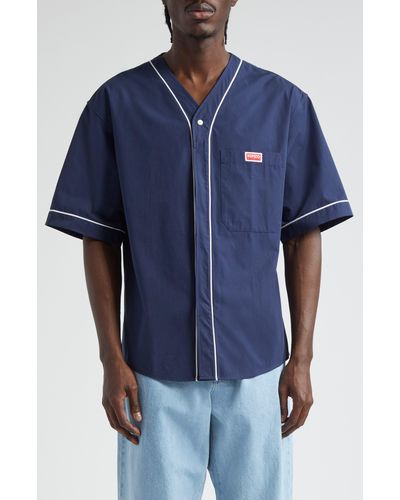 KENZO Baseball Short Sleeve Cotton Button-up Shirt - Blue