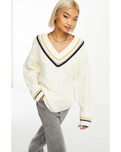 ASOS V-neck Cable Knit Varsity Sweater - White