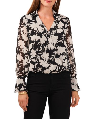 Vince Camuto Floral Long Sleeve Bubble Top - Black