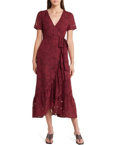 Lulus Blissfully Floral Jacquard Midi Wrap Dress - Red
