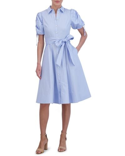 Eliza J Ruched Puff Sleeve Cotton Midi Shirtdress - Blue