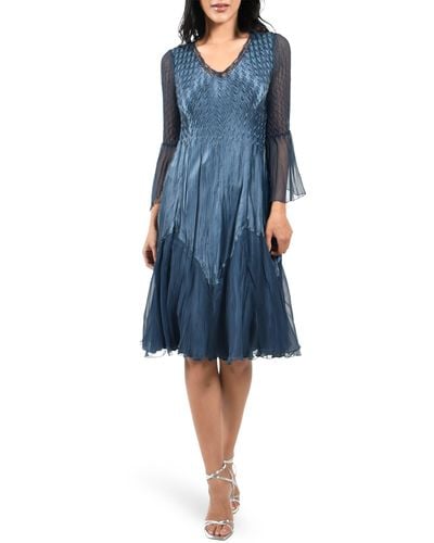 Komarov Bell Sleeve Charmeuse & Chiffon A-line Dress - Blue
