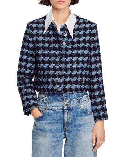 Sandro Boulogne Houndstooth Tweed Crop Jacket - Blue