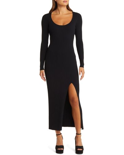 Open Edit Scoop Neck Long Sleeve Rib Sweater Dress - Black