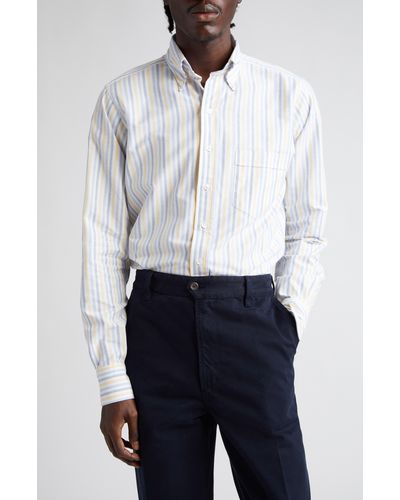 Drake's Thin Dual Stripe Cotton Oxford Button-down Shirt - White