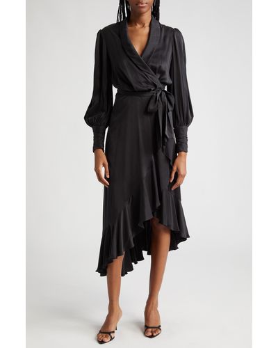 Zimmermann Long Sleeve Silk Wrap Midi Dress - Black