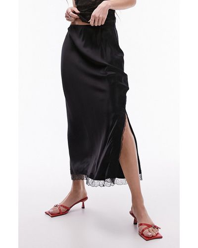TOPSHOP Lace Trim Satin Midi Skirt - Black
