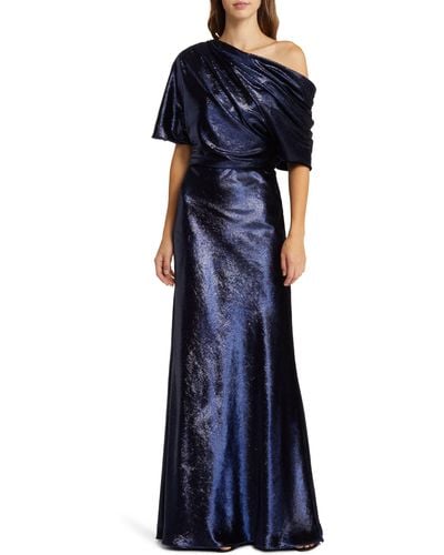 Amsale One-shoulder Metallic Velvet Gown - Blue