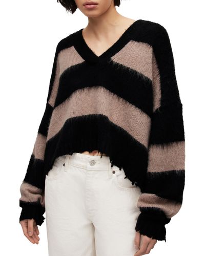 AllSaints Lou Stripe Crop Sweater - Black