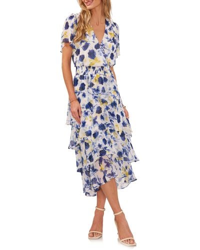Vince Camuto Floral Tiered Midi Dress - Blue