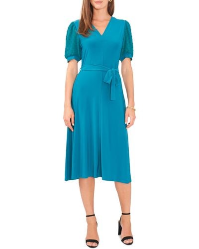 Chaus Clip Dot Puff Sleeve Tie Front Midi Dress - Blue