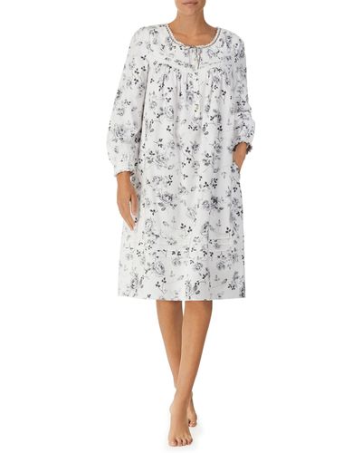 Eileen West Waltz Floral Print Long Sleeve Cotton Nightgown - White