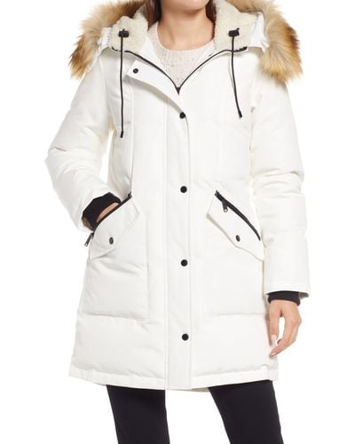 Sam Edelman Hooded Down & Feather Fill Parka With Faux Fur Trim - White