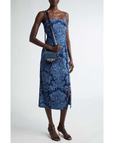 Alexander McQueen Damask Print Denim Midi Dress - Blue
