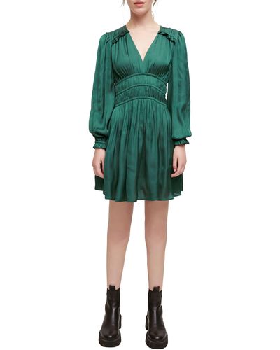 Maje Rianna Smock Waist Long Sleeve Satin Dress - Green