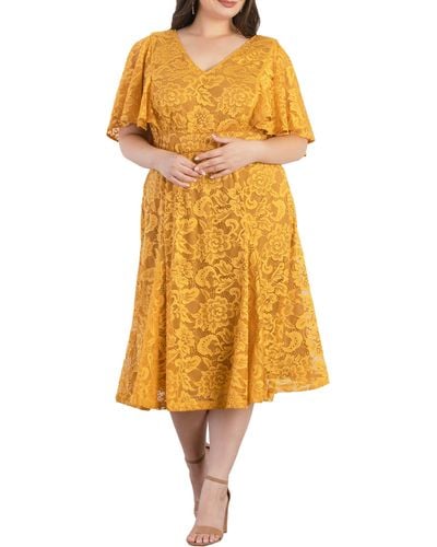Kiyonna Camille Lace Midi Cocktail Dress - Yellow