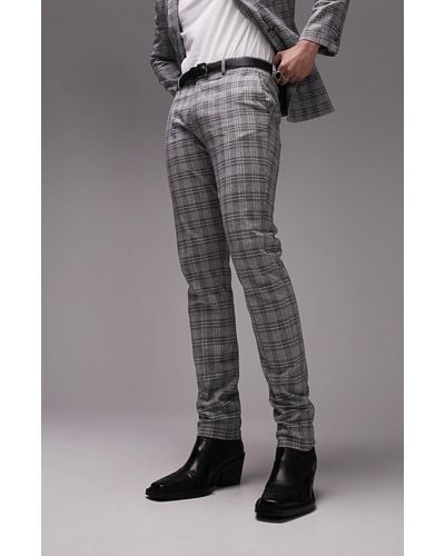 TOPMAN Skinny Fit Check Cotton & Linen Flat Front Dress Pants - Gray