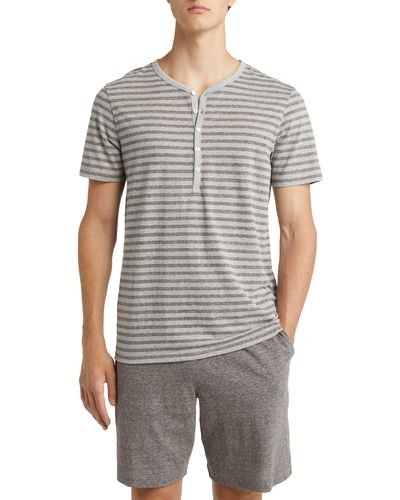Daniel Buchler Heathered Stripe Recycled Cotton Blend Henley Pajama T-shirt - Gray