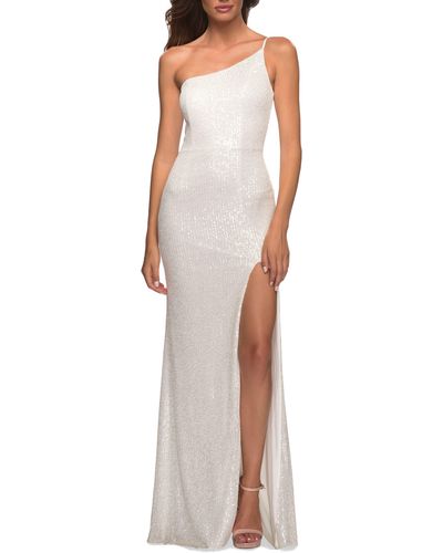 La Femme One-shoulder Sequin Jersey Gown - White