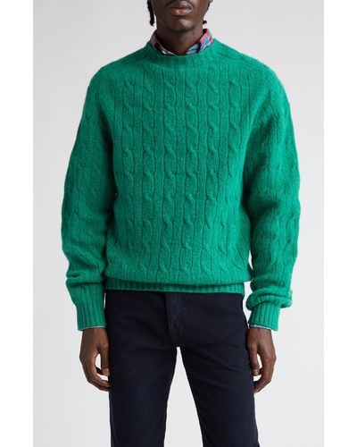 Drake's Shetland Cable Knit Wool Crewneck Sweater - Green