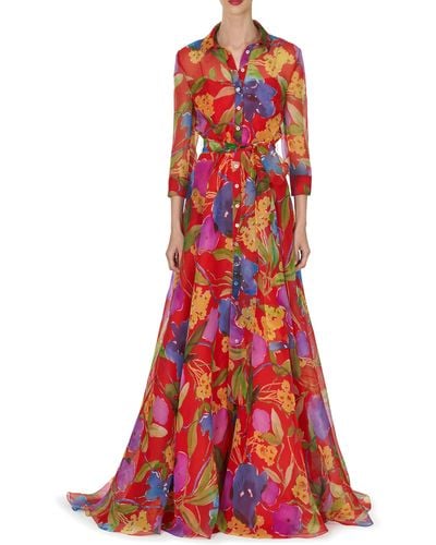 Carolina Herrera Floral Print Silk Chiffon Trench Gown - Red