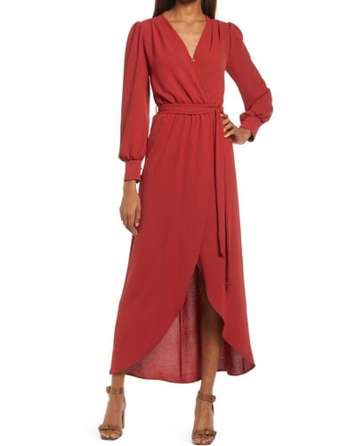 Fraiche By J Long Sleeve Faux Wrap Dress - Red