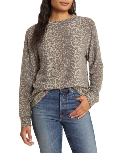 Loveappella Print Long Sleeve Hacci Knit Top At Nordstrom - Brown